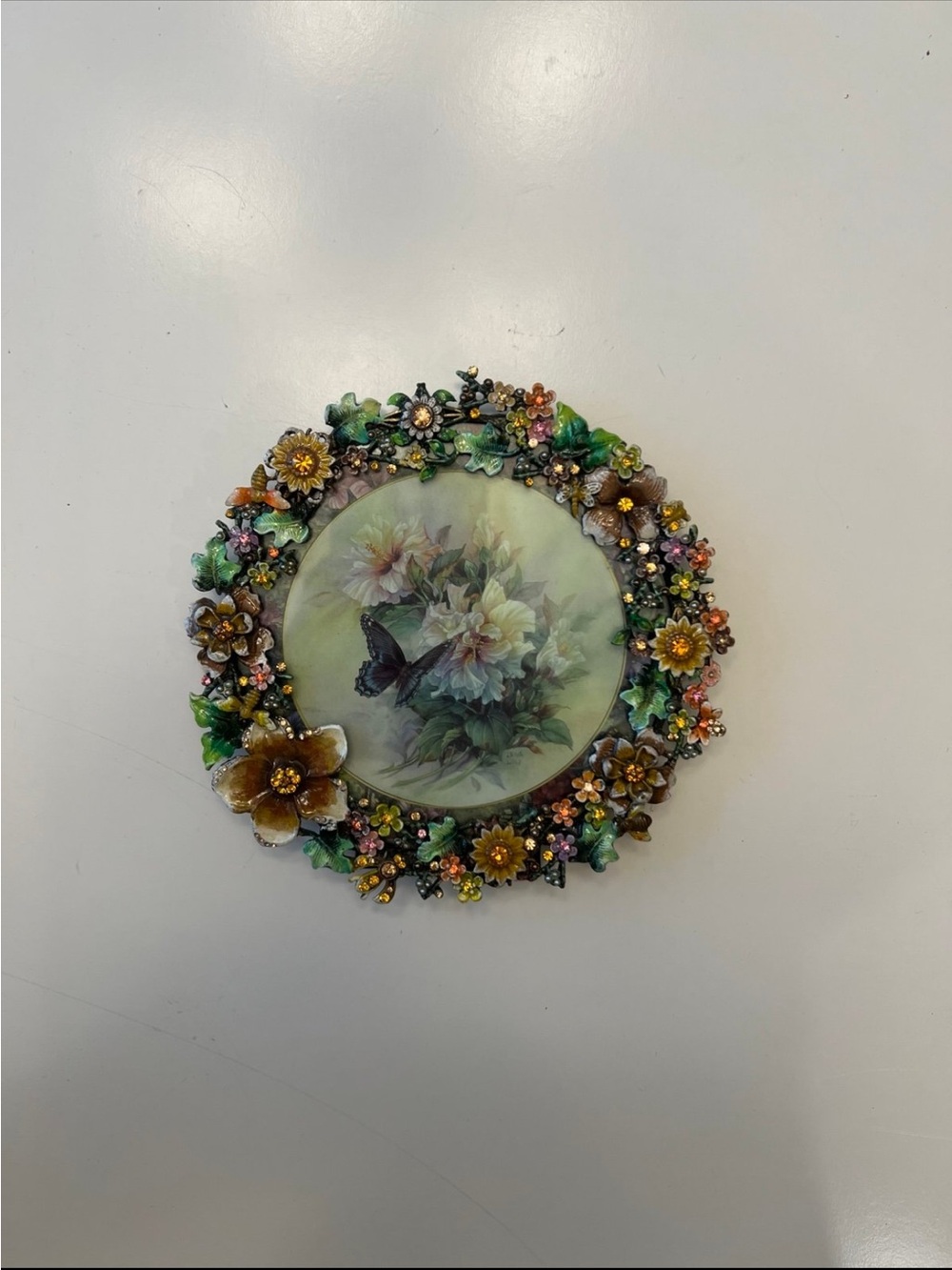 Vintage floral enamel garland picture frame with gemstone/crystals